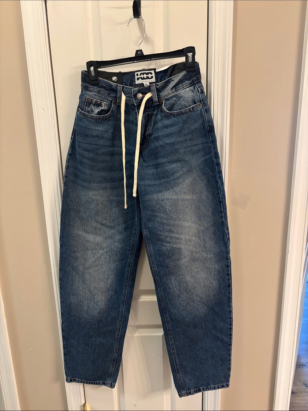KBB Mid rise barrel leg Drawstring Dark Wash Jeans